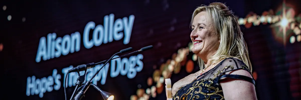 Enterprise Vision Awards women in business awards Alison Colley of Hopes Therapy Dogs Health and Wellbeing winner